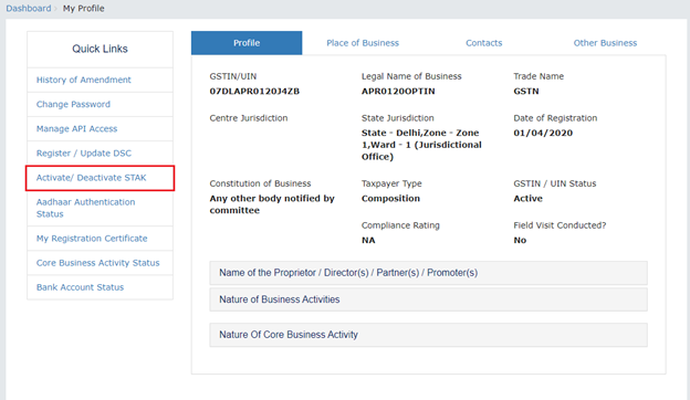 How to activate STAK under GST ?